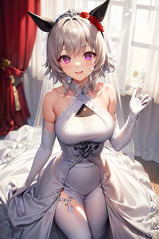 1girl, white hair, purple eyes, bob cut, wavy hair, average breasts, blush, light smile, glow, thighs, bare shoulders, collarbone, narrow waist, cleavage, (masterpiece), wedding dress, bridal veil, bridal garter, (beautiful detailed face, beautiful detailed eyes), bedroom, night time,