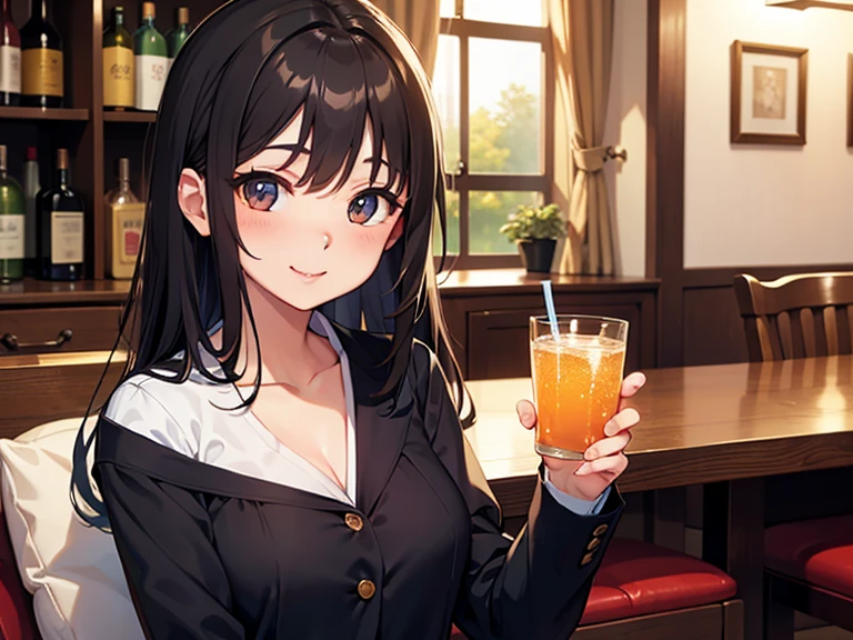 side angle, (looking away:1.5), holding a beer, Biologically correct five fingers、Realistic, real person, (pale skin: 1.2), RAW photo, photorealistic, shiny skin, shiny hair、(A 25-year-old woman with straight hair and bangs) and (medium hair) and (black hair) and (purple eyes) , BREAK (white collared shirt) BREAK (smile:1.3), open mouth, The background is the interior of a restaurant at night.、Alone