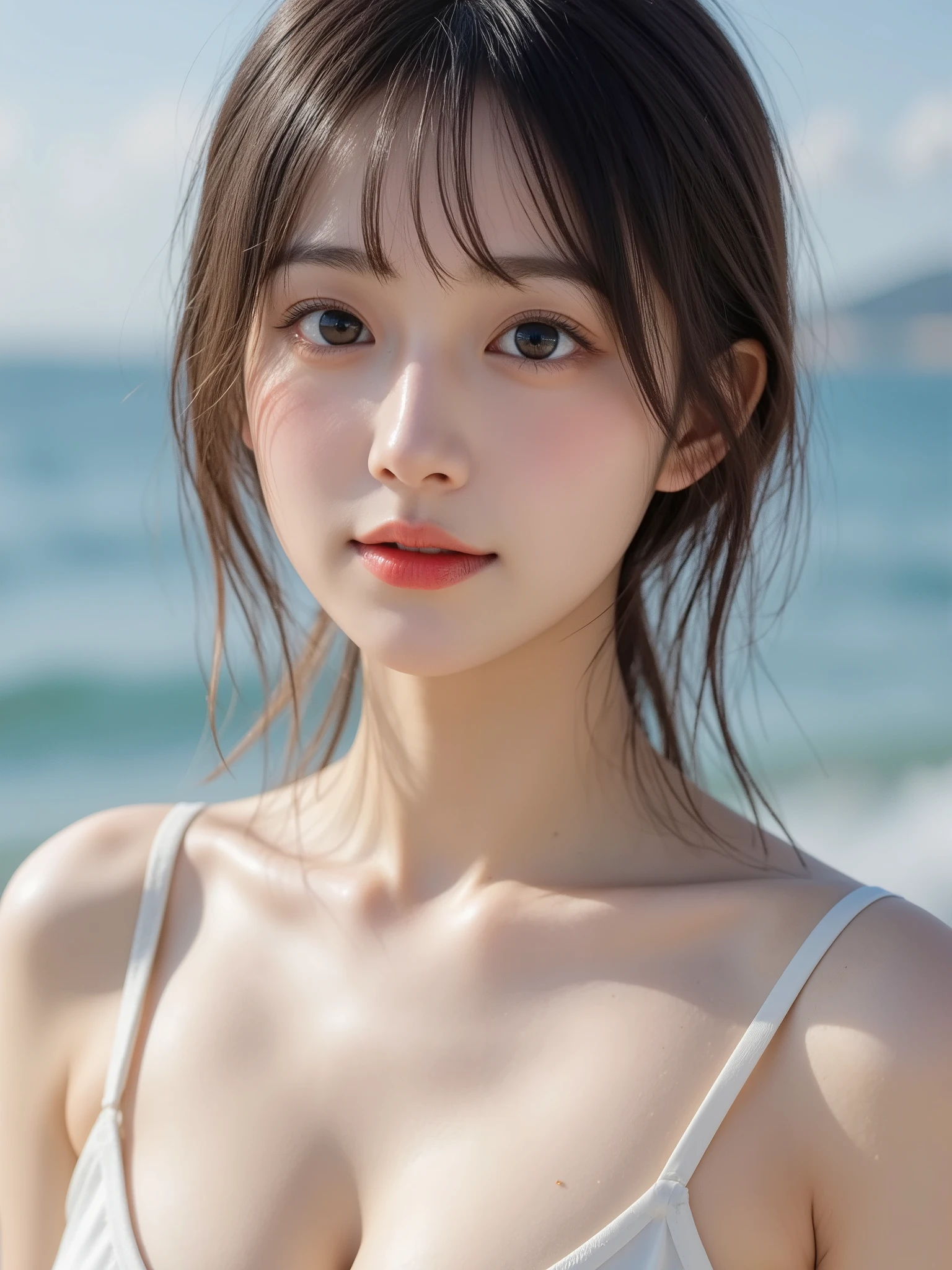 (best quality:1.2, highres:1.2), soft background blur, full body shot, 1 high school girl, (big breasts), brown hair, (nude), beautiful pink nipples, small nipples, large expressive eyes, blushing face, smiling, extremely detailed face and skin texture, healthy complexion, (beach), 4k resolution