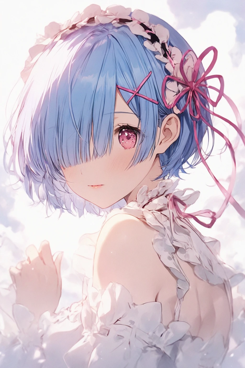 beautiful detailed (loli-child), intricate detail, cel shading, dutch angle, from below, thick thighs, leaning forward, beautifully painted, gigantic-s loli, 10 years old, short hair, bob cut, wept bangs, ((hair over one eye:1.4), floating hair, messy floating light-blue hair, hair blowing with the wind), authentic and detailed face, blush stickers, break, (((change of clothes))), fang, bare-shoulders, delicate hands, large-s, navel, zettai ryouiki, red eyes, wet skin, extremely detailed lace, beautiful hair decoration, ((white dress with pink lace with yellow decoration)), break, ((Cute children's room, Fancy room)), ((milky tone, Pink tones), shiny, very detailed cg unified 8k wallpaper, very precise detailed, highres,