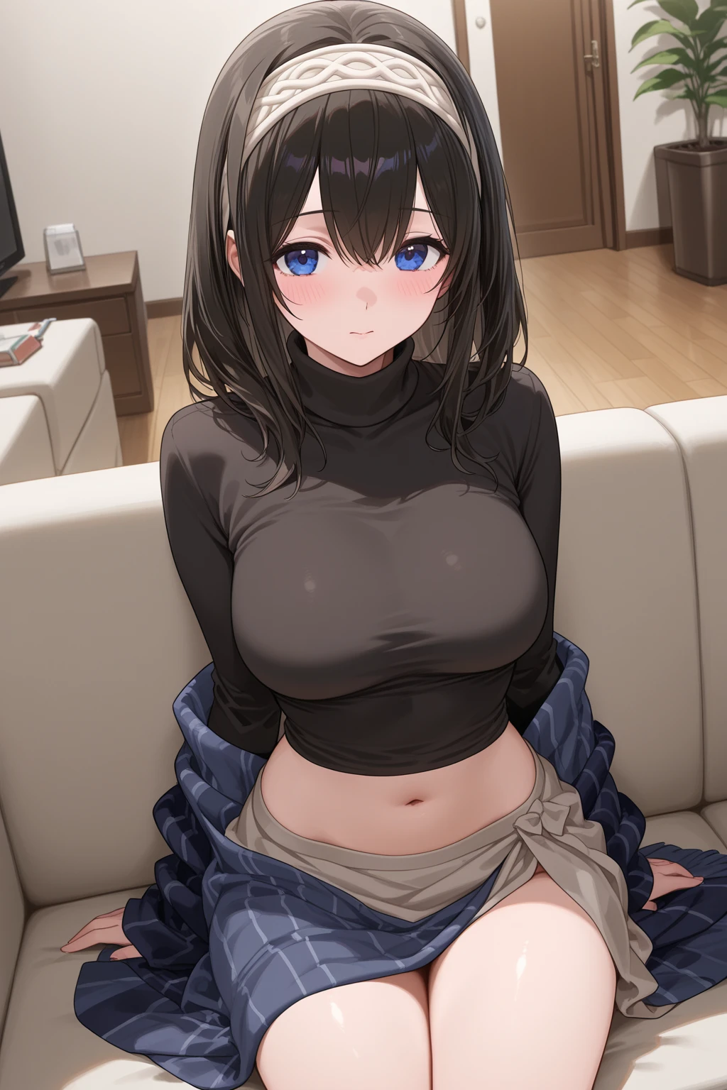 1girl, pov, 1boy, paizuri, penis between the breasts, breasts squeeze together, night, my wife gives me a titfuck in the room breasts grabbed, nipples, blue sweater, long sleeve, wet penis, pubic hair, f, naughty face, submissive, naughty and submissive, lipstick, necklace