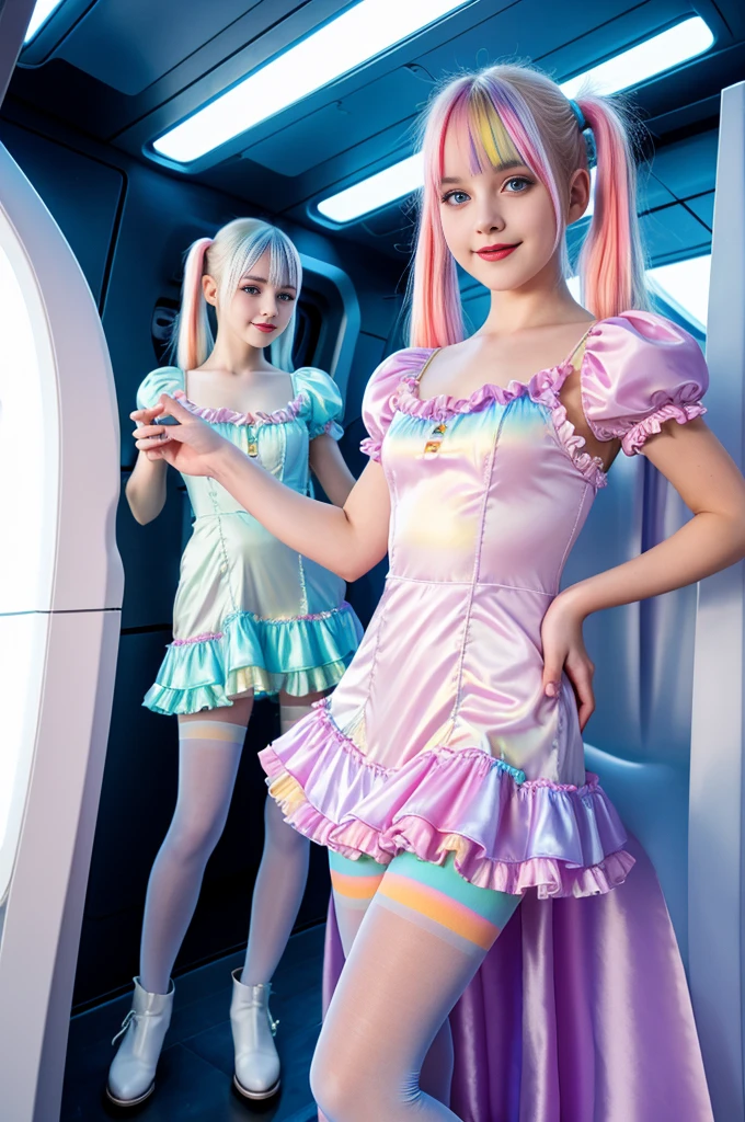 cute 16-year-old blond haired woman, happy, smiling, in twin tails, perfect blue eyes, pale goth skin, silky smooth skin, standing on a space ship, deep space, dark lighting, wearing a pastel blue (sheer chemise) nightgown, frilly chemise nightgown, wearing pantyhose.