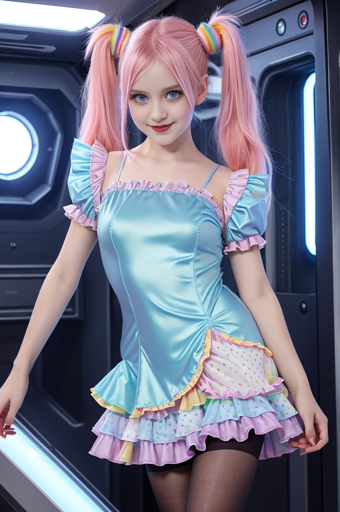 various cute 19-year-old neon haired women, natural posture, pale white skin, happy, smiling, in twin tails, perfect blue eyes, pale goth skin, silky smooth skin, flying a fancy metal luxurious space ship, futuristic hallway, outer space seen in windows, dark warm lighting, they are wearing various futuristic dresses, each a different dress, pleated (chemise) mini dress (pastel rainbow colors, and polka dots), puffy sleeves low cut top, silk, ((frilly pantyhose under dress)), tights, cute short cut booties, boots.