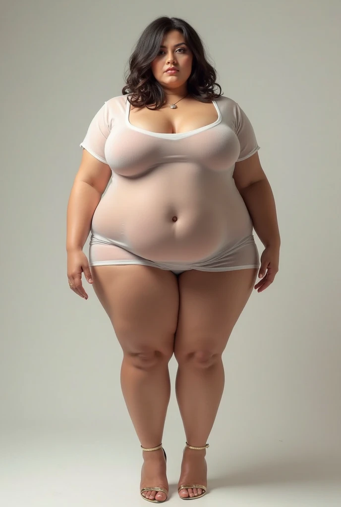 (nsfw),(8k, ultra-high resolution, highest quality, masterpiece:1.2), ultra-realistic, (realistic, photorealistic:1.37), (realistic skin:1.2), ultra-detailed, Canon EOS RP, 8k, Korean mature woman, smile, (nude), (((super obese)))、 (((super curvy,))) ((super voluptuous,)) adult model, standing with arms and legs spread apart、 ((full body shot)), thick ankles, (short hair), (empty space), (pale white background only),（bare feet）