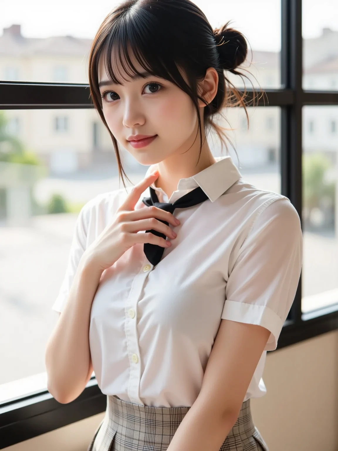 Japanese women, cute, 15 years old Close, (Natural light:2)
(school uniform,white shirt),black hair,black eyes,
(Thin curtains, classroom:0.5),(big breast,leaning forward,cleavege),pov,looking view,light smile,breast focus