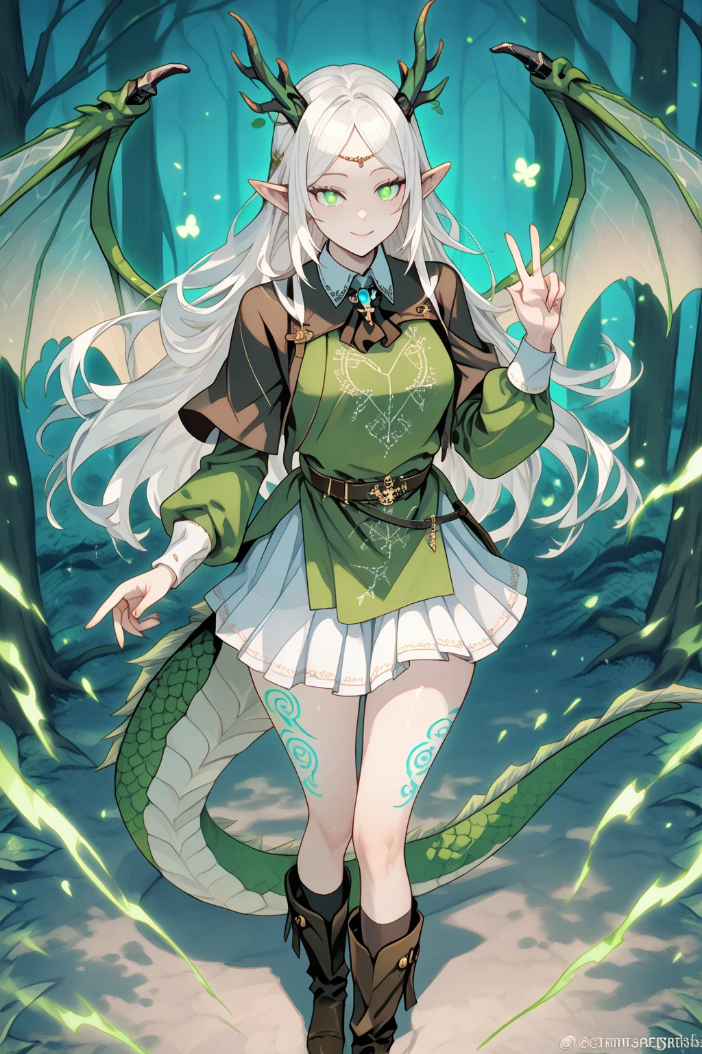 anime, a woman with a dragon's head and a green dress, dragon girl, shadowverse style, beautiful fantasy anime, yoshitakka amano karol bak, fey queen of the summer forest, anime fantasy artwork, anime fantasy illustration, anime monster girl, fantasy art style, anime goddess, trending on artstation pixiv, top rated on pixiv, detailed drawn beautiful green eyes, (detailed drawn beautiful large breast:1.3)