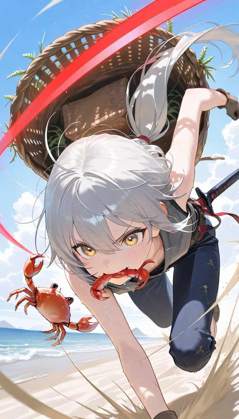 Woman on the beach、obscenity、Metamorphosis、small head、white hair、Big red eyes、red blush、Desperate look、,Tears、sleeveless black shirt、denim、Tentacles are touching the crotch、Tentacles grab the buttocks、1Giant jellyfish