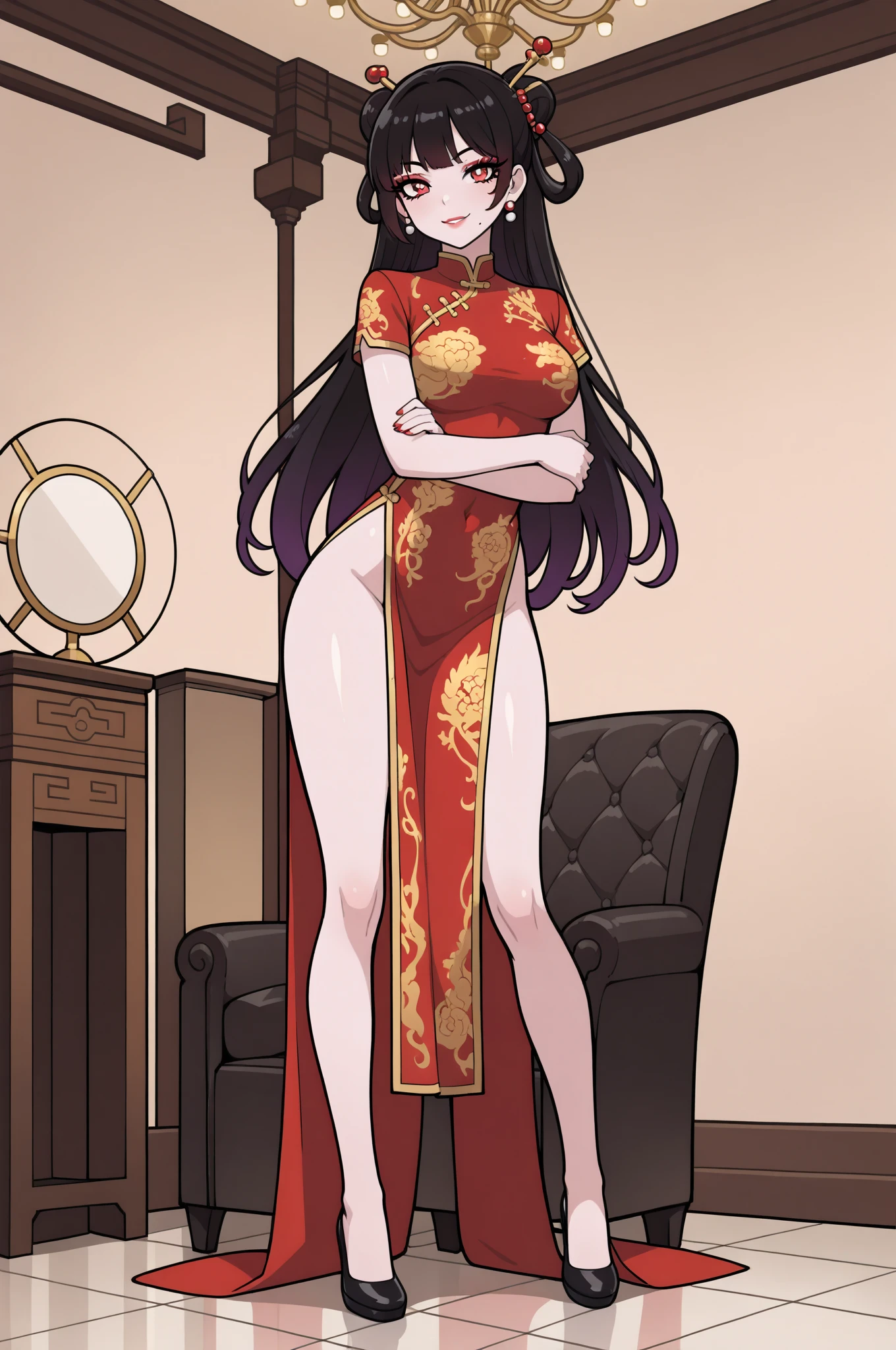 woman, 独奏, 30years old, ((long hair)), Bun Head, china dress, 長いchina dress, slit, ((deep-slit china dress)), Bare feet visible through a slit in her dress, A room decorated with traditional Chinese motifs, Holding a fan at her waist, Stiletto heels, A luxurious rug covers the floor, looking at viewer, Landscape, closed mouth, full body, Clear skin, Her hair is tied back in a bun, large breasts, no panties,