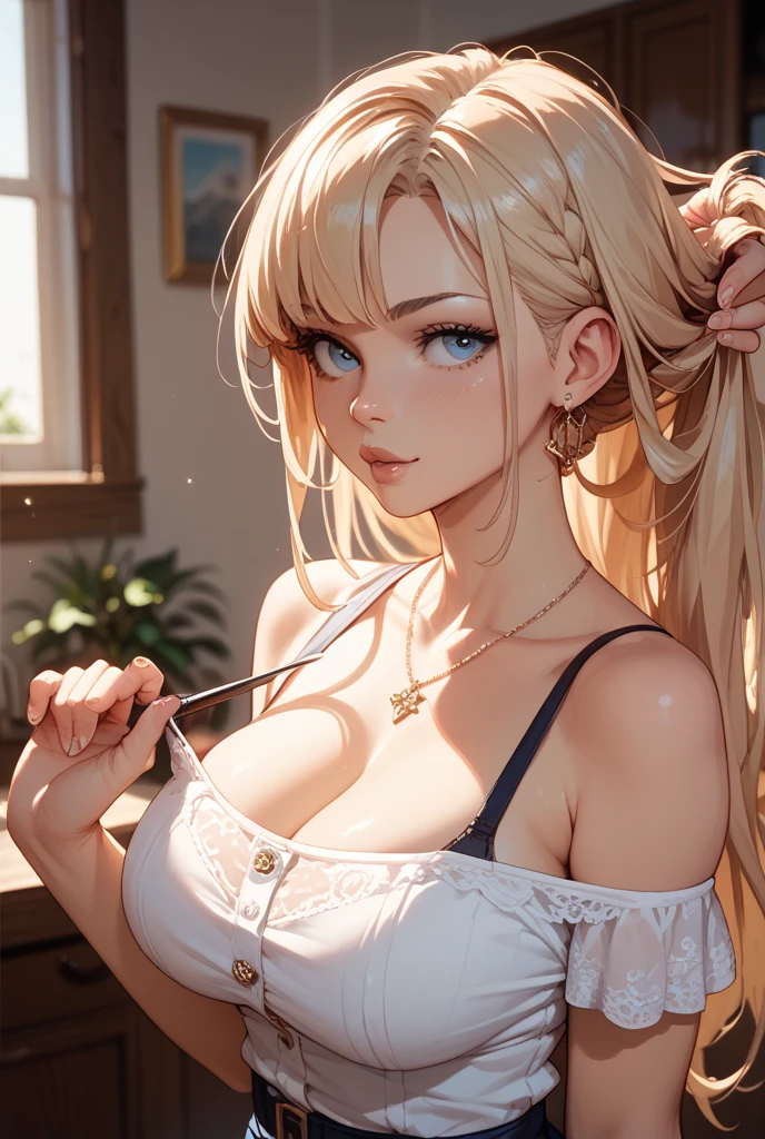 Medium, soft and cute breasts ((beautiful girl)), ((wavy white hair, long beautiful braid)), blue eyes, perfect eyes, double eyelids, light effect on eyes ((sexy face)), ((look sexy) ), sexy and bold black lingerie, stylish, medium and round breasts, she is charming, beautiful makeup for the day, cleavage, (((art, best quality; 1.3)), ultra detailed, wallpapers Unity wallpaper 8k, CG, ray tracing, illustration, colorful, cinematic shadow, extremely detailed and beautiful background, video, VRay shading, TR)), (slutty face: 1.2), art, hyperrealistic, hyperdetailed, best quality, 16k, light and shadow effect on the skin, vivid colors)), eyeliner, passionate expression, cute and detailed smile, in the living room.