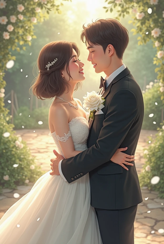 The bride and groom in front of the pink flower wall, in the pink forest,