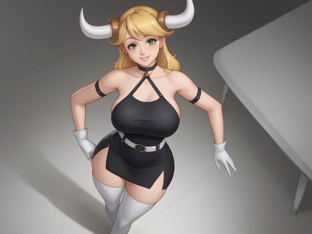 punctuation_9, punctuation_8_High above, punctuation_7_High above,punctuation_6_High above, punctuation_5_High above, punctuation_4_High above , breasts big, 1 girl, Bowsette, standing alone, hollow, hollow,smoke,cigar,Cigar in hand,smoke,makeHigh above, hair blonde, bangss, side locks, thick eyebrows, hair between the eyes, makeHigh above, biquini muito curto e transparentes preto, collant preto, transparentes, black choker, thigh boots, separate breasts, sitting down,cross legs, pub \(place\), neon lights, light particles, bothered, half-closed eyes, dim_Lighting,