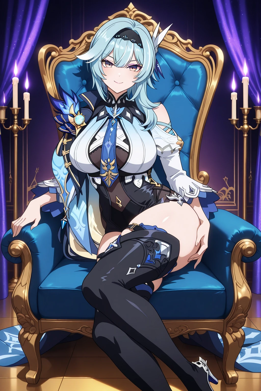 Perfect human body,1 girl, A princess,(very highly detailed background、a throne), Gorgeous lolita dresow knot,semi transparent,(white stockings),((woman with fever)), ((perspiring,steamy,college aged))), Colossal tits,((The expression of color)), (Blushlush:1.2), golem,
