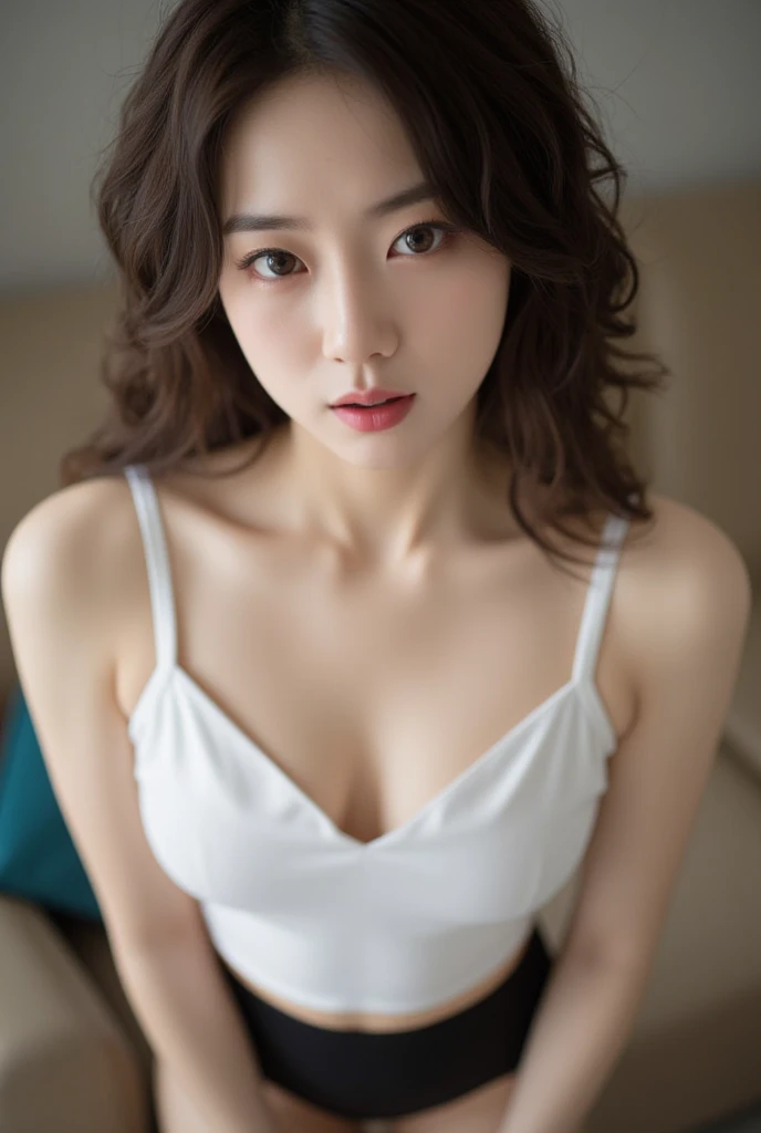 8K quality、High resolution、Realistic skin texture、High resolutionの瞳、Man sleeping in bed、Man straddling woman、A female cafe owner seduces a male customer、A neat beige knit dress、thin、Model Body Type、Ripe body、Off the shoulder、Realistic female genitalia