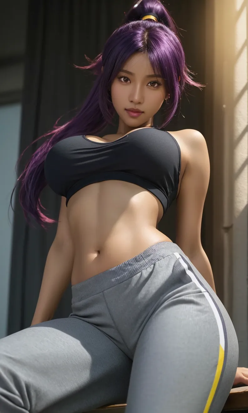 (1 lady), (Best quality at best:1.4), (ultra - detailed), (extremely detailed CG unified 16k), A Beautiful Woman with Perfect Figure: 1.4, Sharp Focus: 1.2, very detailed, High-definition RAW color photo, professional photoshooting, amazing face and eyes, (amazingly beautiful girl), ((masterpiece)), realistic cinematic face, head to feet long wide zoomed out view, full body long view, full body standing, photorealistic, ((highres)), ((detailed background)), solo, gym woman body, natural lighting, sunset, (ichinose kotomi), gorgeous, extremely beautiful face, perfect model beauty, Highly Detailed Face and Skin Texture, Detailed Eyes, Double Eyelids, ((clothing: black bikini, white shirt, wet shirt)), ((realistic natural purple hair style, purple eyes, long hair, hair ornaments)) RAW UHD 8k photography, tarankaaa, not Dasha Taran, library background, extremely detailed, blurred background, depth of field, cinematic lighting, amazing legs, high heels, clear and well-cared skin, big ass, round ass, athletic, big proportions body, looking at viewer, front view, best hands of the internet