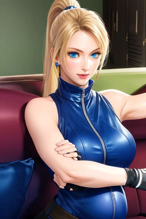 Sarah, blue eyes, angle view, (full :1.1), (skinny girl:1.2), ((long ponytail:1.3)), (free flowing hair:1.4), cowboy shot, blonde hair, long hair, (long side burns:1.4), Shoulders , (arms :1.0), (very detailed skin:1.5), (medium breasts:1.4), belt ,sleeveless, (closed zipper), earrings, fingerless short gloves, BREAK masterpiece, 1 girl, RAW photo, (best quality:1.2), extremely delicate beautiful, very detailed, 2k wallpaper, amazing, fine details, (medium breasts:1.3), extremely detailed CG Unity 8k wallpaper, super detailed, high resolution, (beautiful detailed girl:1.4), perfect , wide cheeks, (shiny clothes:1.1), (smile:1.2), (upper body:1.3), (Realistic, Photorealistic:1.0), (thin nose:1.2), (:1.3), 20 year old, high nose bridge, (blue clothes:1.2), fighting pose, fighting arena, armpit against wall, wide face, (wide smile:1.3), closed mouth
