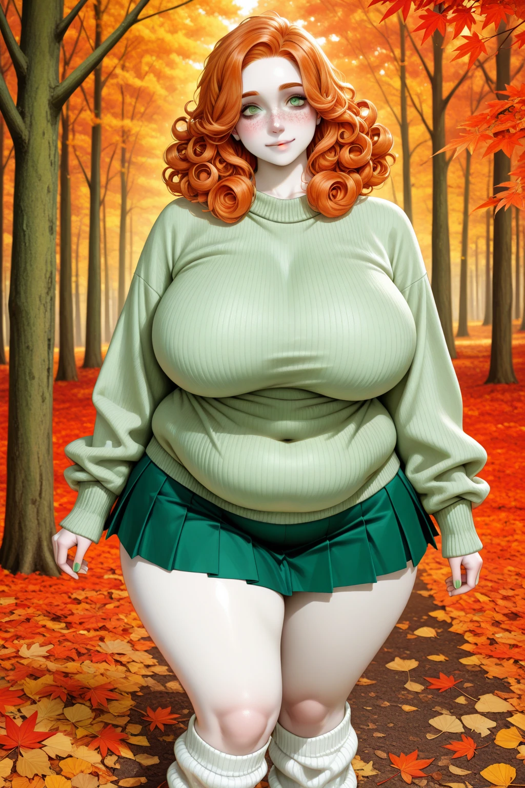 Christina Hendricks in a teal v-neck crop top, smiling in the woods with booty shorts on. With massive tits