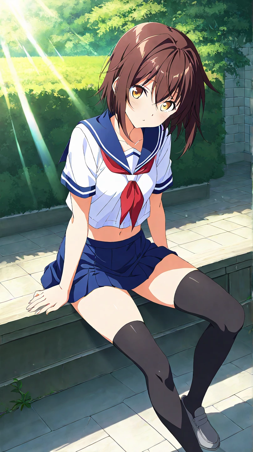 Kyoto Animation Style,In the style of Makoto Shinkai ,uiharukazari, Uiharu Kazari, (black eye:1.5), Black Hair, flower, hair flower, hair ornaments, flower ring on head, short hair,
break armband, School uniforms are not distributed., , Seraphim, skirt, Summer clothes, neckerchief, red neckerchief, Blue sailor collar, Blue Card, Short sleeve,white lace flower decorative panties,White socks,
break looking at viewer,
break indoors, classroom,
break (masterpiece:1.2), Highest quality, High resolution, unity 8k wallpaper, (shape:0.8), (Fine and beautiful eyes:1.6), Highly detailed face, Perfect lighting, Highly detailed CG, (Perfect hands, Perfect Anatomy),Anime CG, (masterpiece, Highest quality:1.2), High resolution, Anime screenshots, Anime Coloring, One girl, alone, Happy, smile, Hair between the eyes, bangs, , Small breasts, , White panties, Sit on the ground, Raise your knees, Wide-spread legs, Against trees, Outdoor, garden, View your viewers, from the front,