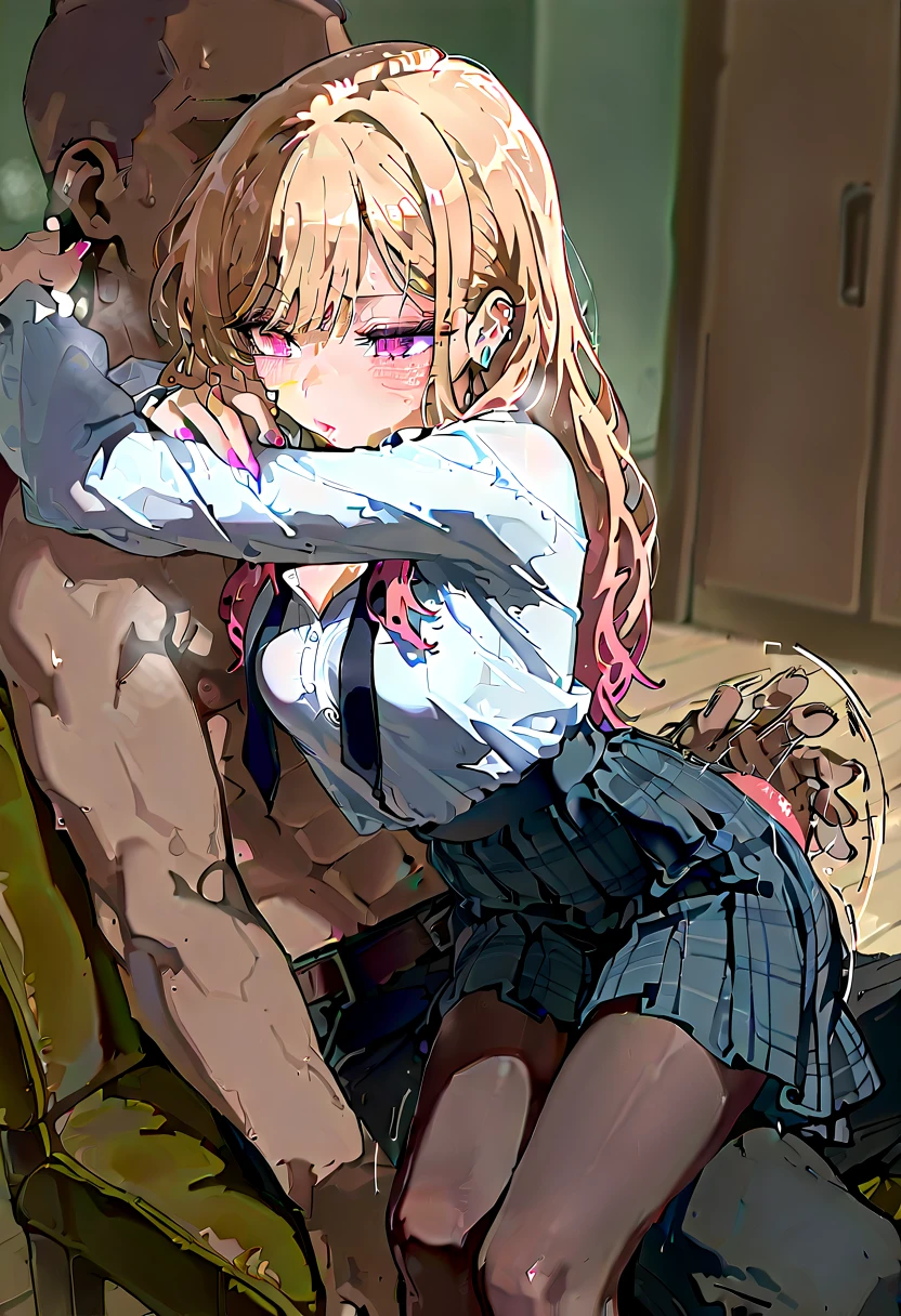 Himiko Toga having Doggystyle sex naked but with her legs to the side only wearing a black skirt with black fishnet tights and a black thong tocándose las tetas mientras la levantan de las piernas en la calle