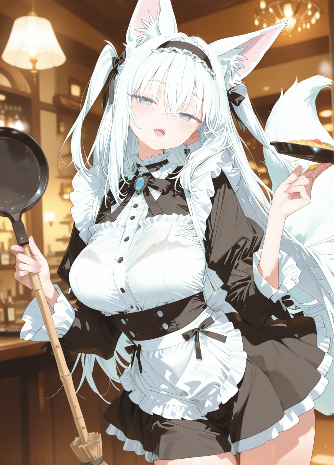 highest quality、masterpiece、((1 girl))、((smile))、(blush:1.5)、black shirt、blouse、((fun!!))、(small breasts)、(Cat ear:1.3)、(silver hair)、()、((white apron:1.5))、((maid))、((hair ornaments)),、Kamimei、look at me、 ((in house:1.5))、 Take a break to watch the audience、cowboy shot、(skirt lift:1.3),(highly detailed white panties:1.3)、(highly detailed panties:1.3)、、(スカート that rolls up:1.3)、(fully exposed panties:1.5)、light blue eyes、long hair