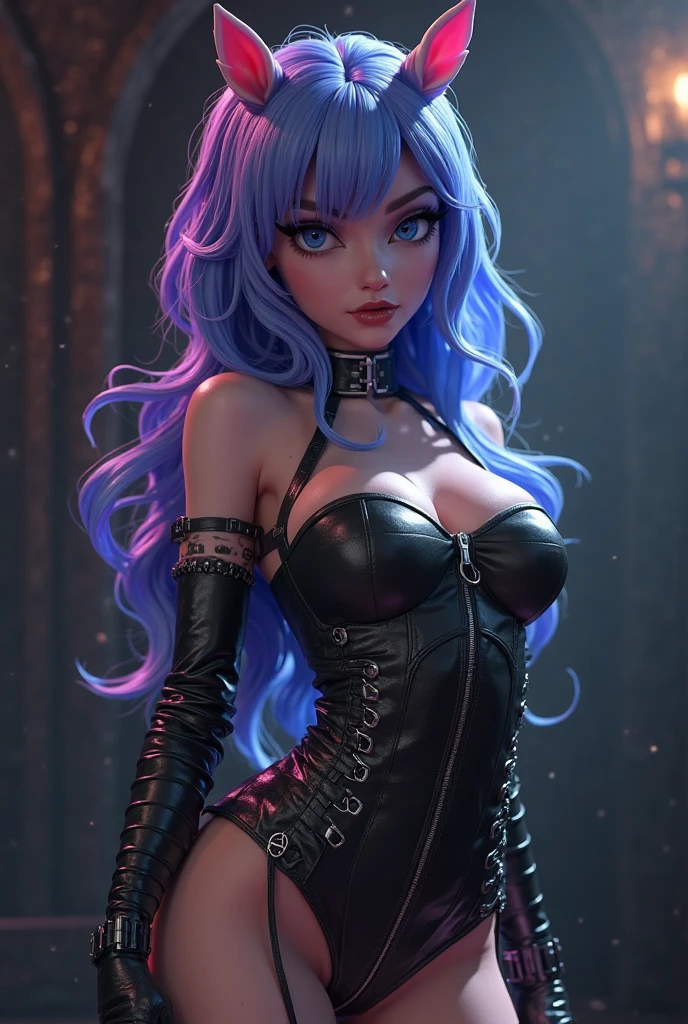 
A girl with long hair and red eyes, with a laughing expression, with fluorescent purple face makeup, against a dark background, in the style of a horror comic, a closeup of her upper body, with colorful ink, a full color illustration, in the style of Japanese manga, with bold lines, dark tones, with pink light shining on her left eye.