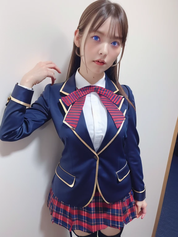 a girl, long hair, white shirt inside blue blazer, red bow tie, brown plaid skirt, fear expression