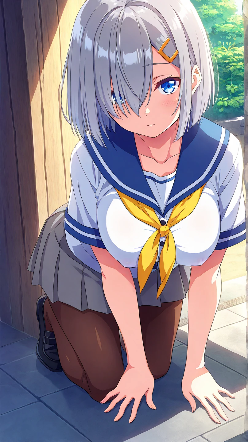1 girl, kanon kanase,  blush, medium breasts, sleeveless,((( school uniform))),  20-year-old, healthy skin, closed mouth, (indoors), detailed eyes. Sitting.