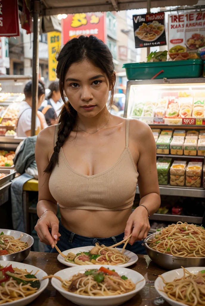 Illustrate 2girls elegant woman, (wearing dirty mini tube top:1.5), they appearance complemented by a charming beautiful face. Green Brown updo hairs. Utilize a modern mirrorless camera to capture the image, focusing on the texture of the apron and the sheen of the thin sweat-drenched body. They were busy selling sea food at the street vendor center. They have natural big breasts, with tempting cleavage. Set in a food stall, the crowd and environment highlight its beauty. The image should convey a harmonious blend of style and prepared food, creating an attractive, stylish and calm visual composition.