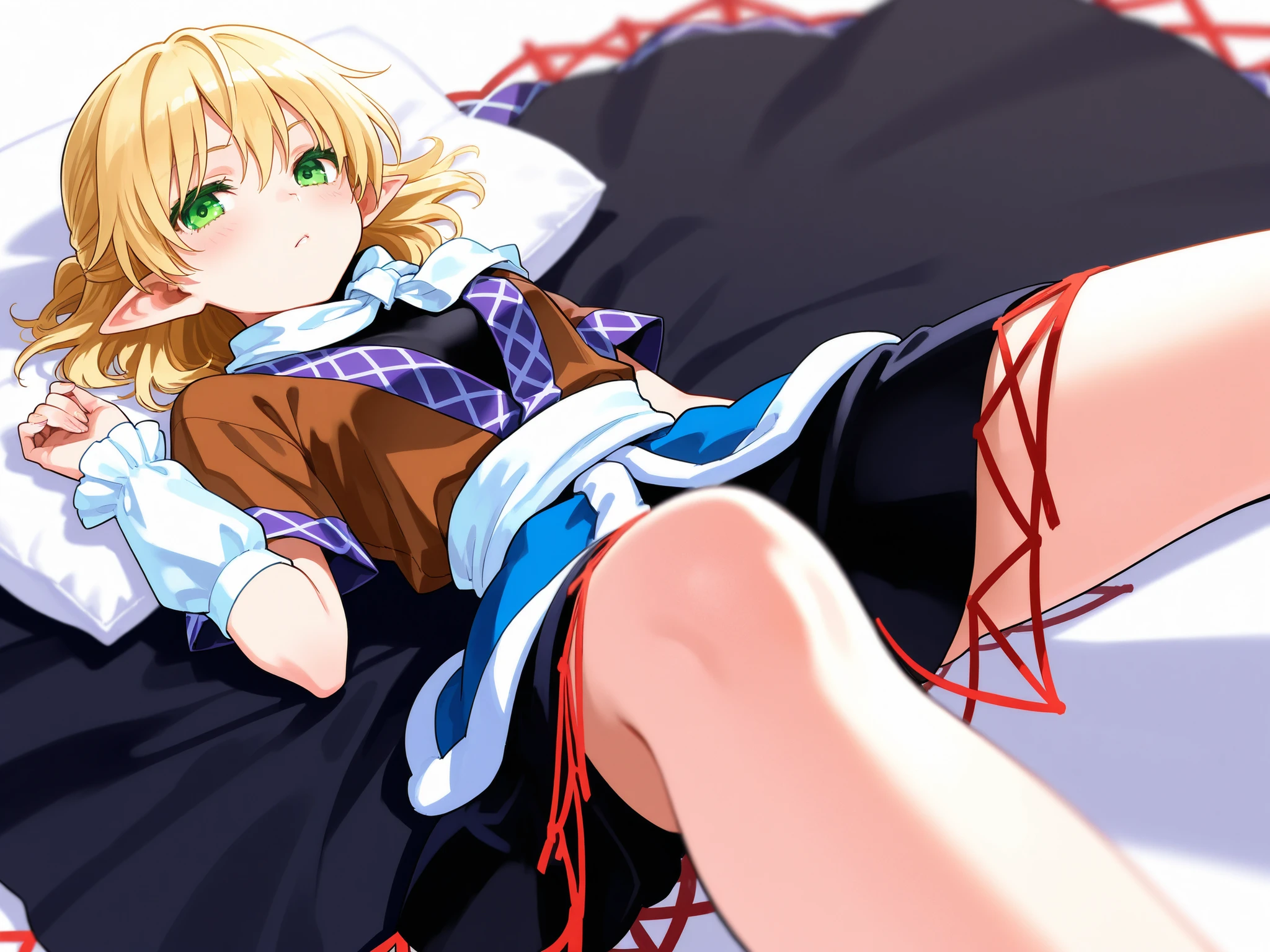 Anime background art, bottom of room, one bed, lying on a bed, beautiful anime scenes, 4K anime art wallpaper, 4k anime art wallpaper, Rosla global illumination, anime girl, best quality, detailed, 1 girl, alone, same as LORA, same as lora, closed mouth, angry, blonde hair, head accessory, hair tie, short hair, ponytail hairstyle, one side ponytail hairstyle, defined eyes, blue eyes, looking at viewer, perfect face, perfect eyes, white short stockings, stockings on both legs, kimono costume.