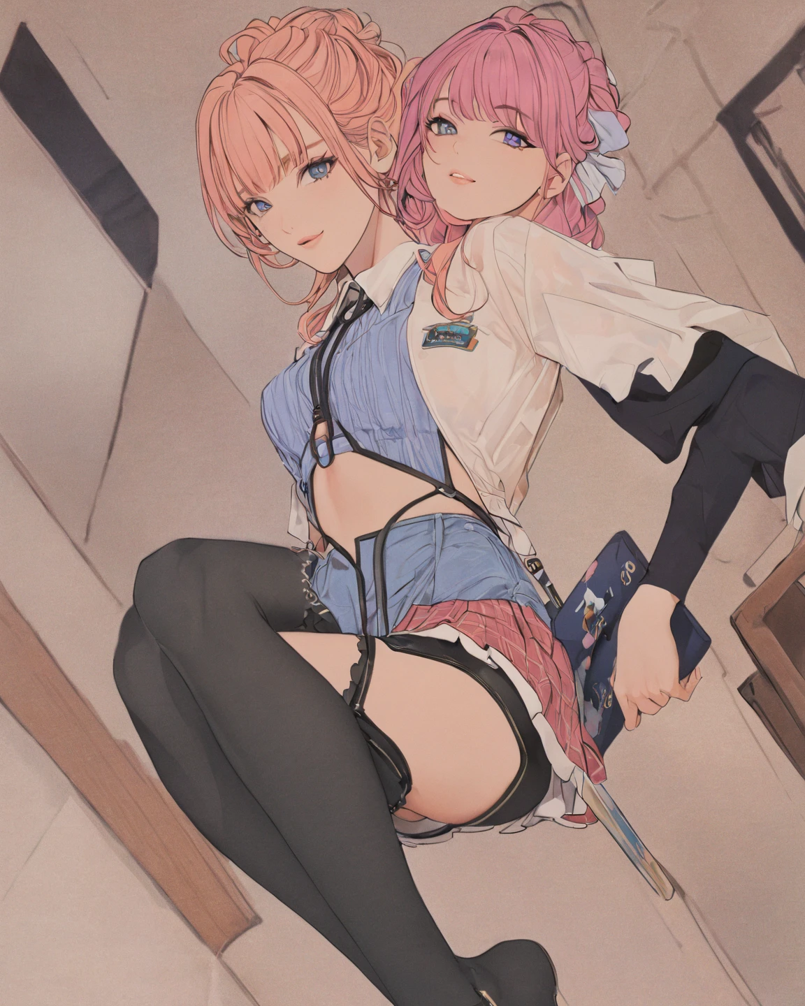 (((masterpiece, Highest quality, High resolution, 超High resolution, Perfect Pixel, Depth of written boundary, 4K, RTTX 10.0))), Beautiful Anime Women, Beautiful art style, Anime characters, ((Smooth texture, Realistic texture, Anime CG Style)), Exact finger count、Exact number of legs、(Exact number of arms:1.0, Exact number of hands:1.0), (Perfect hands, Perfect Anatomy), Cinematic, Realistic, Extremely detailed CG, Daytime lighting, Perfect lighting, Best Shadow, The best natural light, whole body, Perfect body, バランのとれたPerfect body, Perfectly balanced style, (Slender body:1.2), Small face, ((bangs, Various hairstyles, Stylish hairstyle)), ((Three pretty women are getting changed in the dressing room:1.8)), ((Sexy and cute white underwear, Sexy and cute light blue underwear, Sexy and cute pink underwear:1.3), (Stylish shiny satin panties, Side-tie panties, Panties with a plain center and lace decoration on the sides:1.3), (Thin panties with ribbon:1.3), (Micro Satin Bra, Lace-trimmed bra, Thin bra with ribbon:1.3), (garter belt, Garter Strings, Knee socks:1.3):1.3), (Beautiful big , Cleavage:1.1), (Embarrassed expression:1.2), (Office Changing Room, locker room:1.5), naked, In underwear, Office lady in underwear, whole body, Angle from the front, All three are the same height, Accurate perspective