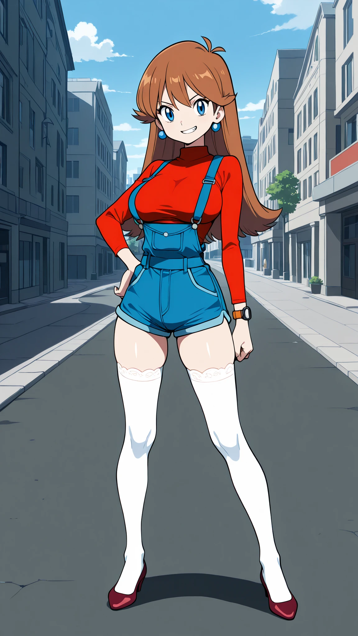 adult older sister, Tall, big boobs, slim sexy body that can be licked by mobs, left hand hips, Orange flat pumps, bare hands, red long sleeve shirt, blue overalls denim overalls, white knee-high stockings, Absolute region, thighs, Beautiful legs, Beautiful legs, ((top quality)), ((masterpiece)), ((details)), standing, 1girl, two legs, two arms, orange brown hair color, long hair, blue eyes, anime coloring book, 1 woman, Age 18, A determined smile, teeth, watch viewers, blue earrings, Three idiot hairs , bangs, Full Body, City, Sidewalk, (\Pokémon\), score_9, score_8_excellent, score_7_excellent, score_6_excellent, Source_anime, cell shading, flat color, vector,