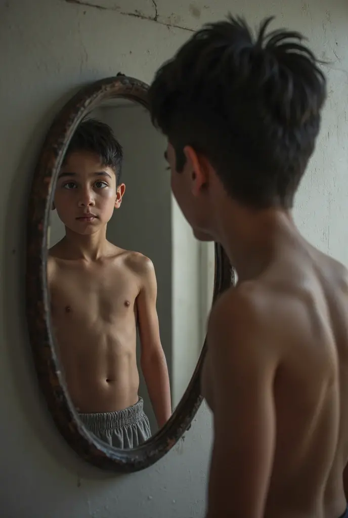 A young boy looking at himself in the full body mirror: first picture with shabby clothes and the other part in the mirror he is well dressed
