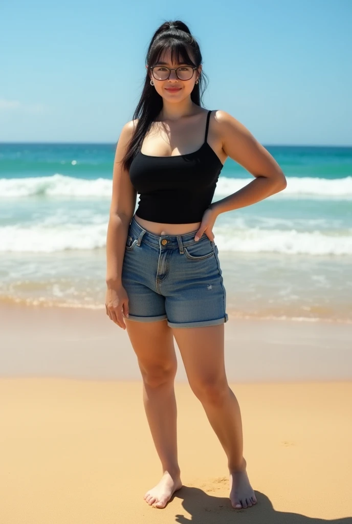 sexy cutoff jeans, beautiful sexy bare legs with perfect anatomy, match lighting, white sand beach and blue ocean water, match background