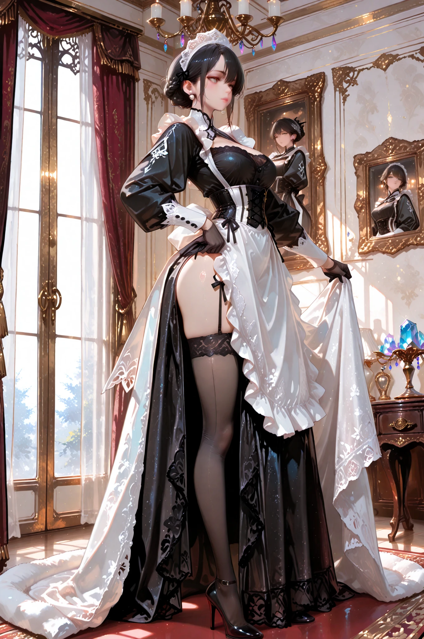 masterpiece,Boutique,meticulous,Delicate scenery,beautiful lighteautiful light and shadoirl,kneeling,((Kneel down on one knee),Hold your chest out)huge,,charming look,mini skirt,Continuous content,,black stockinglack high heelaid appearance),model pose,meticulous的皮肤纹理,Tyndall effect,mansion