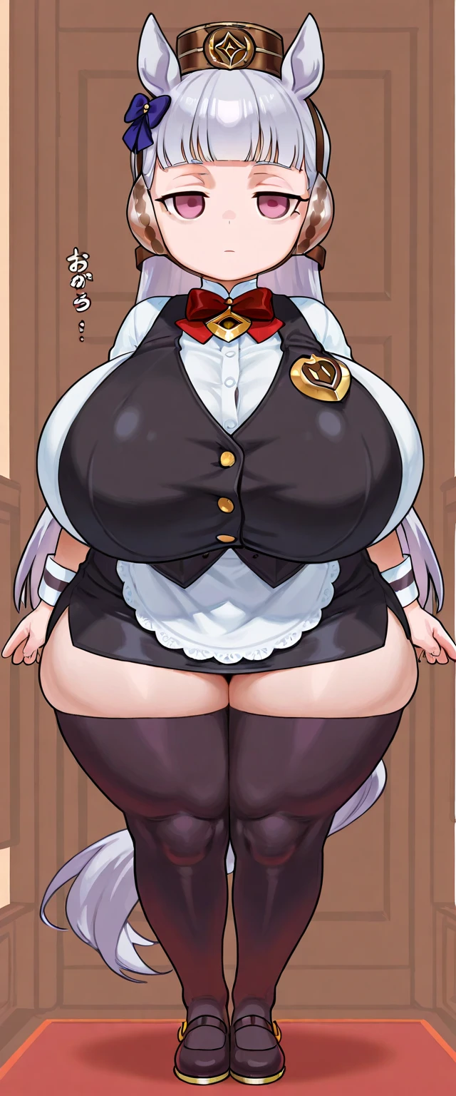(masterpiece, best quality:1.4), illustration, 8k, hd, 1girl, solo, elegant_long_hair, white_hair, dress, white_thighhighs, no underwear, short_sleeves, frills, apron, brown_eyes, cleavage, metal_collar, anchor_choker, maid, white maid, ((big breast, glasses, smug, hand on glasses)), (restaurant, maid cafe) bloated belly