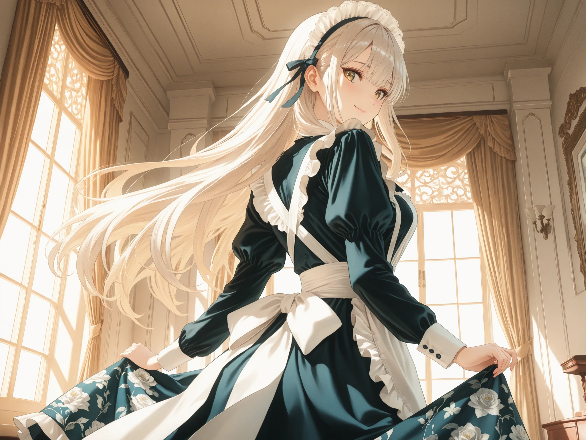 masterpiece, best quality,1girl, solo,whtie hair,medium hair,blue eyes,long sleeves,juliet sleeves,apron,maid,maid headdress,puffy sleeves,green dress,vest,buttons, white thighhighs,standing, looking at viewer, nose blush, holding fluffy towel,
