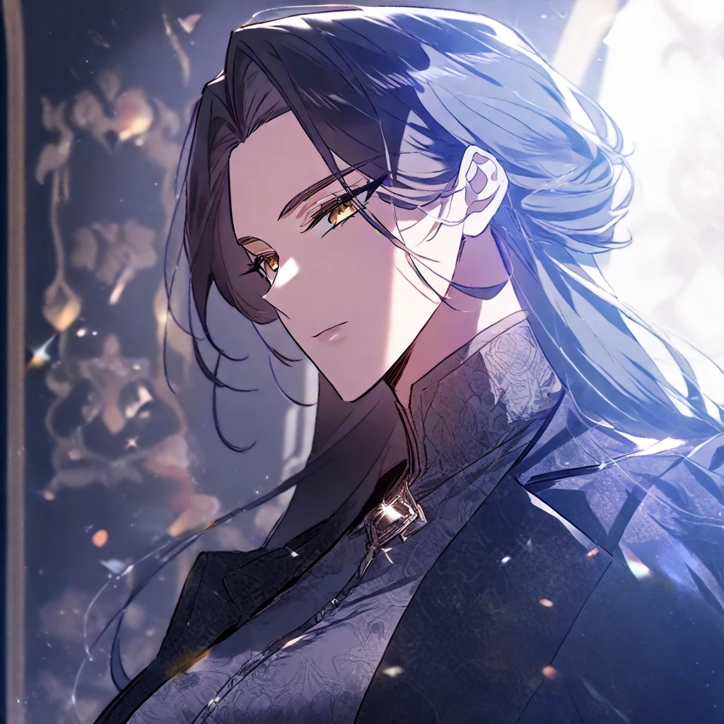 side view closeup, beautiful and atmospheric,  milf, dramatic lighting, (masterpiece, best quality:1.2), detailed, solo, middle aged, size difference, (depth of field:1.2), absurdres, highres, soft rim lighting, soft shadows, {1girl,  milf with long black hair, dominant mommy, amber eyes, , beautiful, handsome black medieval suit, )