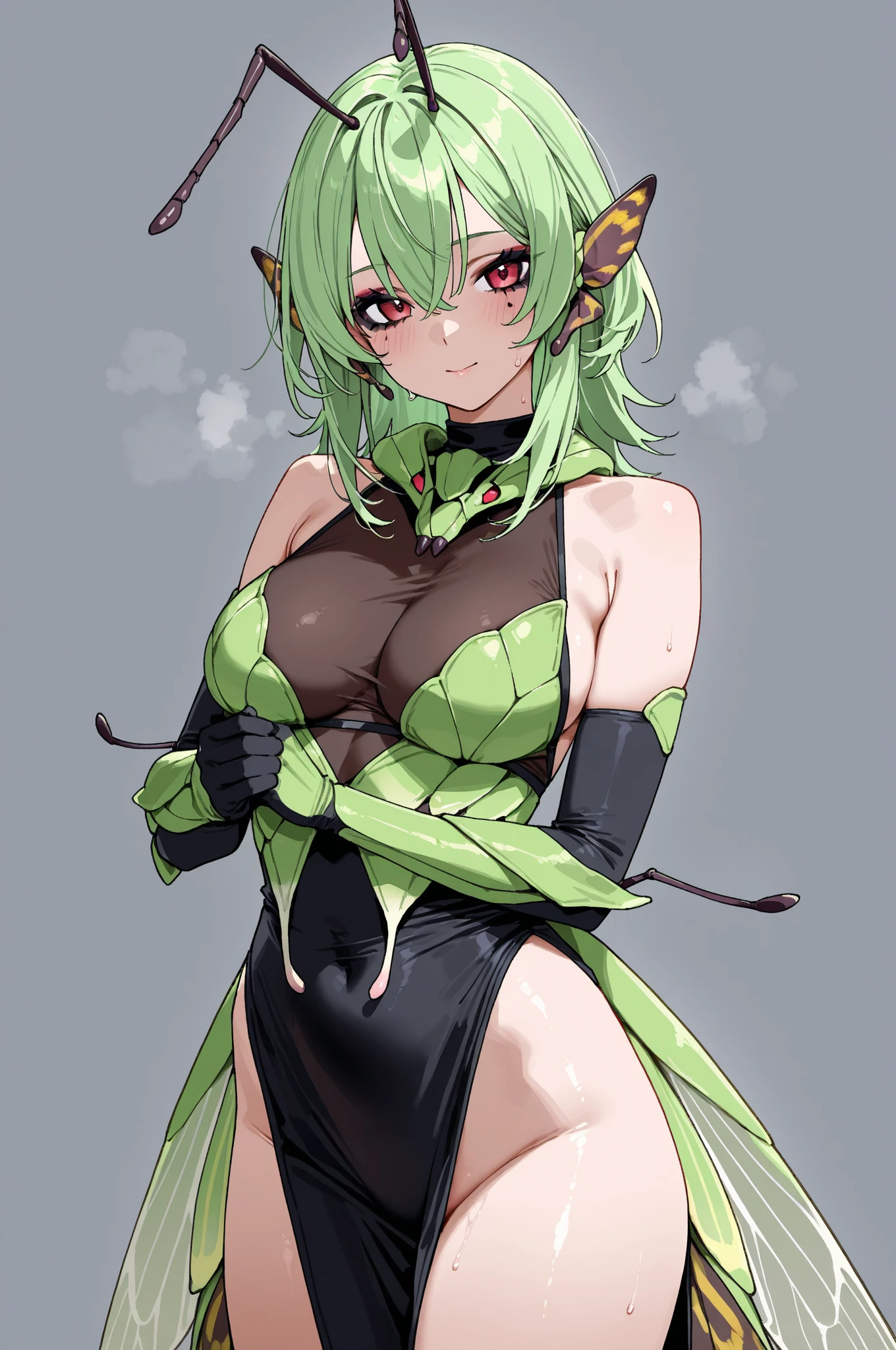 hela is a 17 year old girl, It is inspired by the female version of Loki., He has short black hair but it reaches his shoulders..., emerald green eyes, She has a sexy body but according to her age and she is dressed in revealing lingerie. It's in the middle of the forest , Marvel comic vignette style