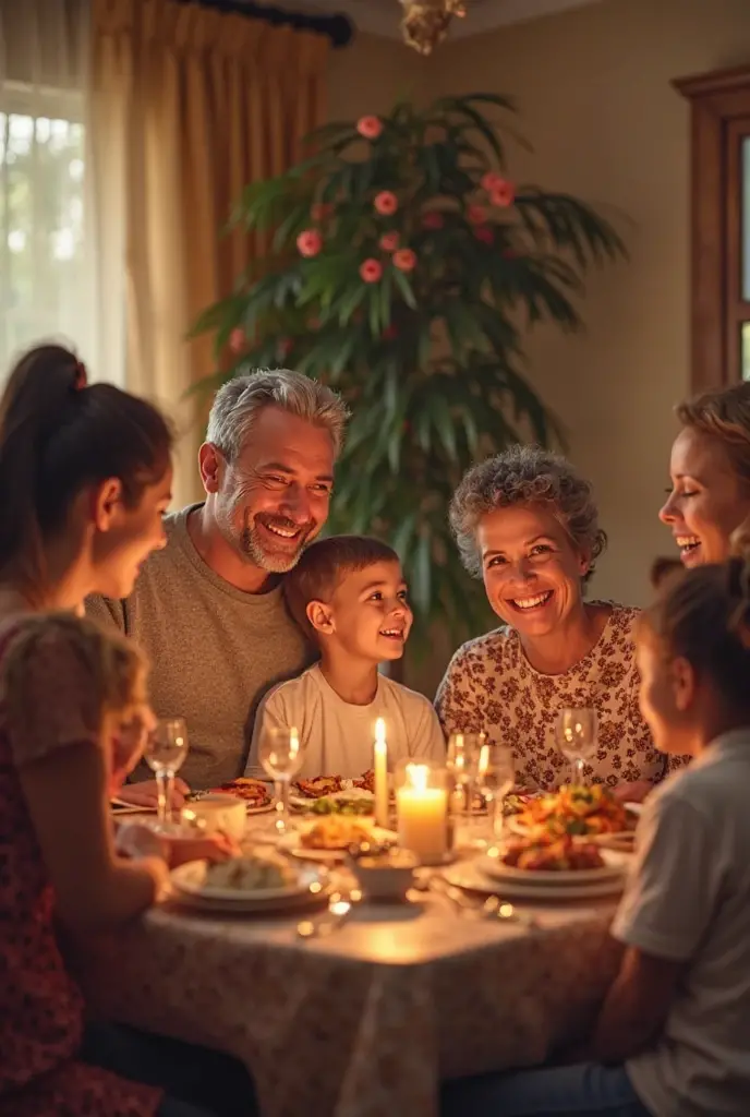 A hyper-realistic image of a Latin American family having breakfast in a large kitchen. The scene must include six people: the parents, two children, and two grandparents, all of Latino descent, with no white individuals. Everyone is shown enjoying chocolate as part of their breakfast. The kitchen is modern and well-lit, with natural light streaming in through large windows. The grandparents are clearly visible, interacting warmly with the children and parents. The image should capture detailed expressions and vibrant colors, emphasizing the joyful connection between the family members as they share a meal together.