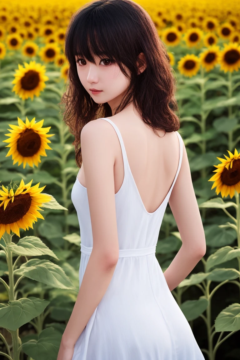 8K、Elementary school beautiful girl、A dark-haired、detailed beautiful faces、very short pants, A field of sunflowers
、Very strong wind、decolletage、Sit on the buttocks