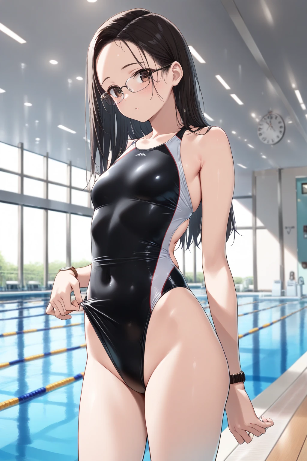masutepiece, Best Quality, Extremely detailed, Anime, ((((Petite,)))) (((1 girl,))) (((Solo,))) 年轻, long hair blown up, Blunt bangs, Detailed black hair, Cute face, Small breasts, beautiful detailed blue eyes, White skin, brown hair band, ((Navy blue school swimsuit,)) Glasses, ((shiny,)) embarrassed, (((((Wet,))))) (((Dynamic Angle,))) (((((Vulgarity,)))))