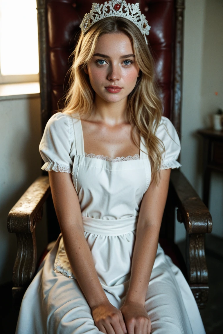 1girl, high quality, high resolution, 4k, 13 year old, solo, long hair, breasts, , , looking at viewer, blonde hair,  shoulders, brown eyes, jewelry, full body, necklace, off shoulder, sexy short summer dress, lips, realistic, nose,  with camera, stockings, sitting in kitchen counter
