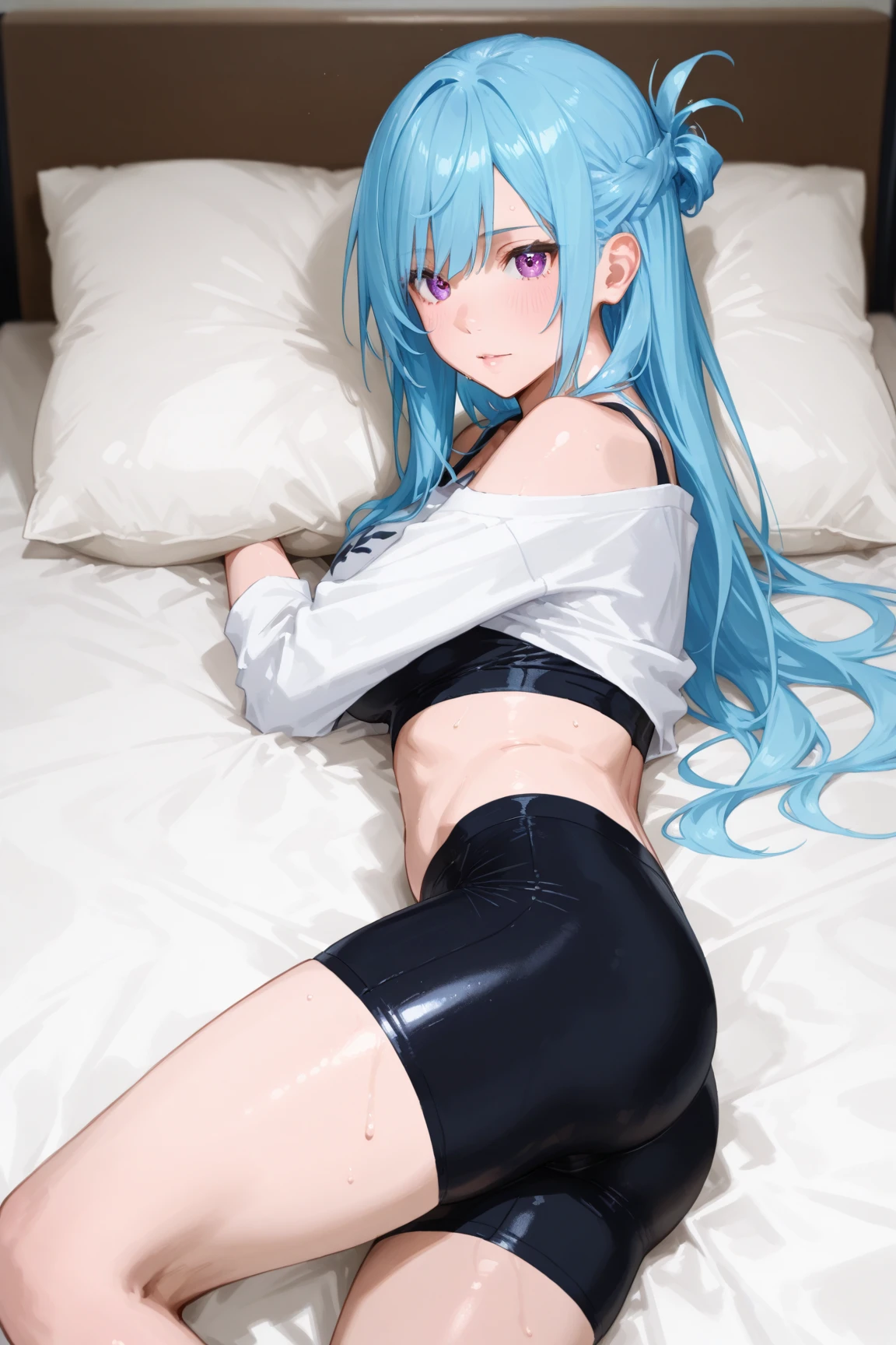best quality, amazing quality, very aesthetic, absurdres, 1girl, chise (blue archive), blue archive, red eyes, (artist official art:1.5), (realistic face, half closed eyes), (multicolored horns:1.5), (reverse bunnysuit, reverse outfit, shiny rabbit ears headband, detached collar, bowtie, pink pasties, topless, tight sleeves, (black) puffy long sleeves: 1.2), casino, lying on her side, raise leg, spread legs), (cowboy shot), (game cg:1.3), from above, expressive eyes, perfect face, 4k, extremely detailed anime illustration, extremely detailed eyes, enhanced details, perfect anatomy, light rays, photo background, extremely delicate body, smooth skin, feminine expression, black background, cristal clear eyes, beautiful face,