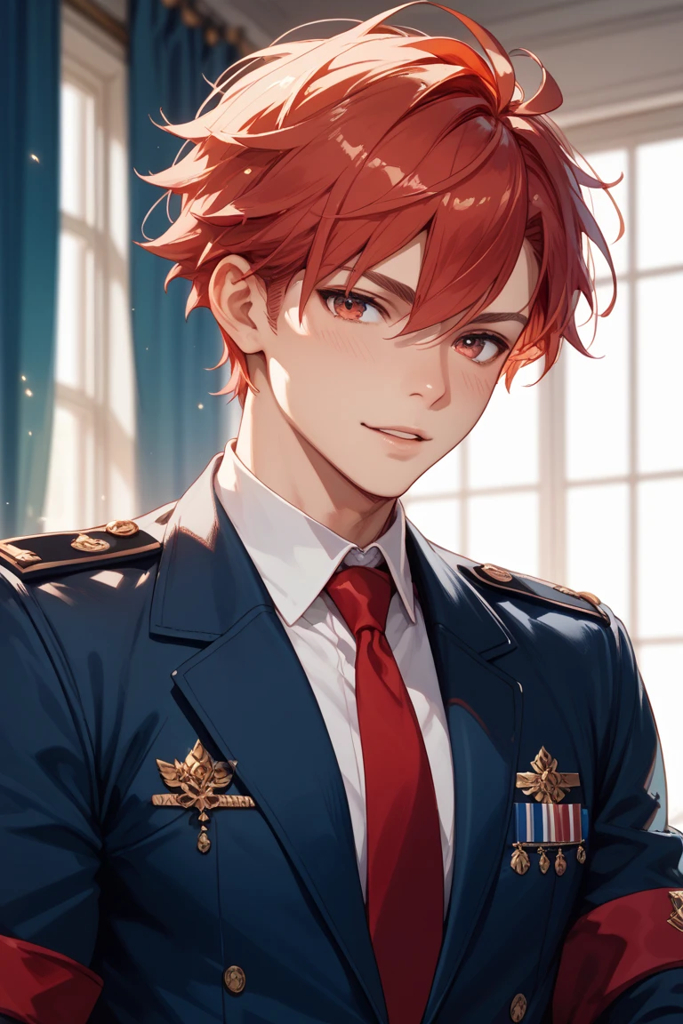 A 16-year-old boy with short red hair and a school uniform who was whipped up,Modern room,The face is serious,grand master,tmasterpiece,8k wallpaper,CG,Ultra-high image quality