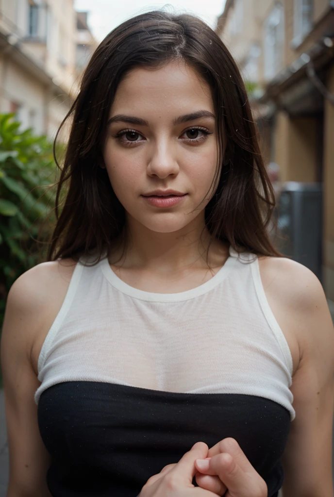 Create an image of an 18-year-old Latin American woman with slightly light hair, brown eyes, and a tanned skin tone. She should have a friendly and natural expression, with a modern and youthful style, wearing a social dress, and be on a street.