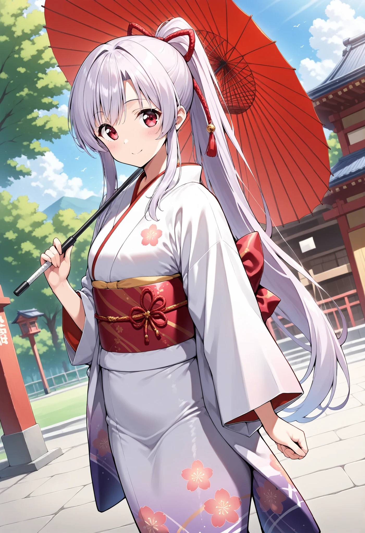 best quality, details, high resolution, 8K image, 超high resolution, shot from the front、(animated illustration style:1.3),1 girl, solo, small breasts、light purple long hair, ponytail, Red Eye, ponytail , red ribbon , Kimono、日本のKimono、長袖のKimono、dynamic angle, Realistic Skin, glossy skin, (masterpiece, detail:1.2), University, Outdoors、cowboy shot,Umbrella