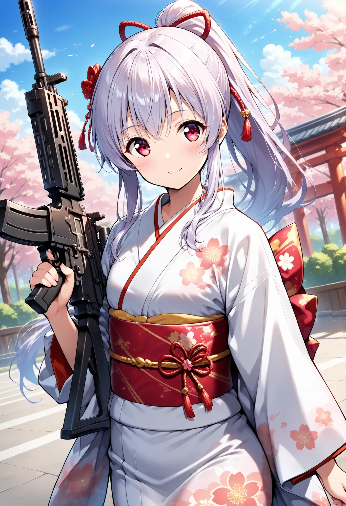 best quality, details, high resolution, 8K image, 超high resolution, shot from the front、(animated illustration style:1.3),1 girl, solo, small breasts、light purple long hair, ponytail, Red Eye, ponytail , red ribbon , Kimono、日本のKimono、長袖のKimono、dynamic angle, Realistic Skin, glossy skin, (masterpiece, detail:1.2), University, Outdoors、cowboy shot,(black assault rifle:1.3)
