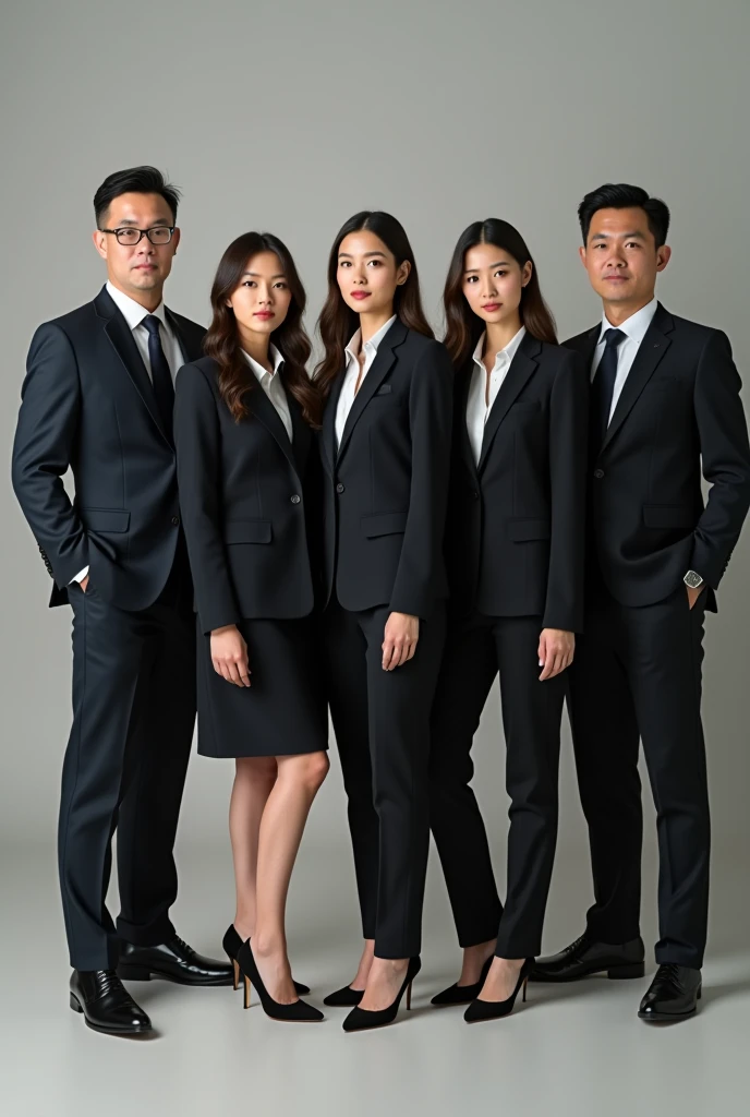 a group of 3 men and 2 women in formal business attire standing and sitting, confident and looking directly at the viewer, full body shot , gray background , closeup