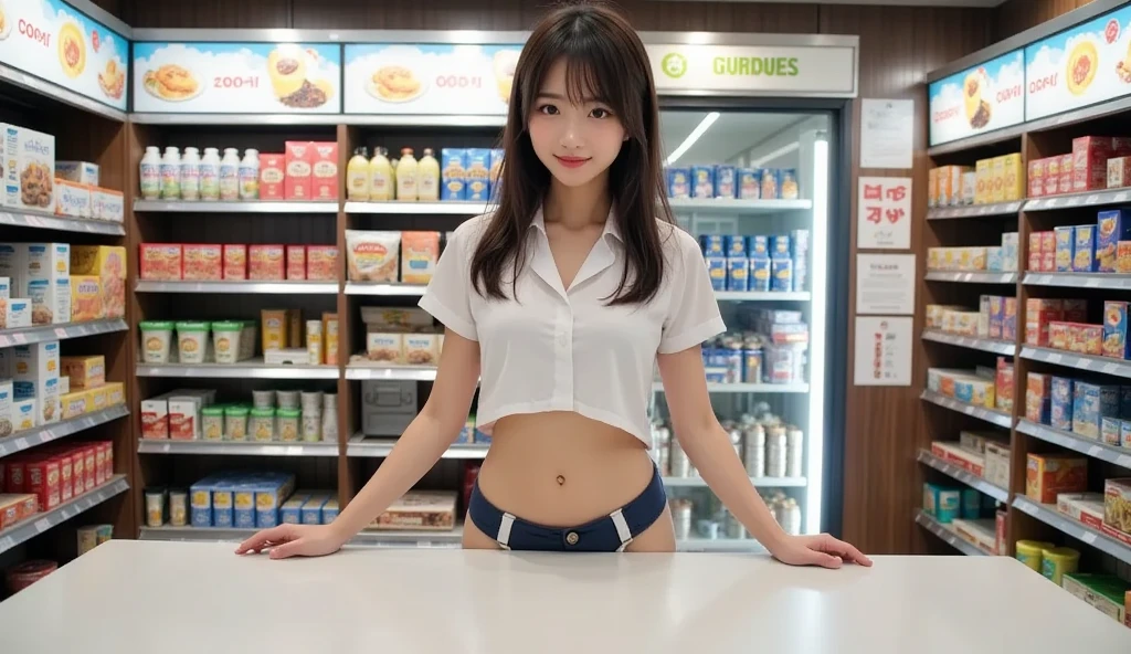 (Super beautiful)、(beauitful face:1.1)、McDonald's salesperson、Clear pubic contours，spreads her legs、(white  panties:1.1)、(McDonald's Uniforms)、Inside a McDonald's store、(At SFW:1.1)