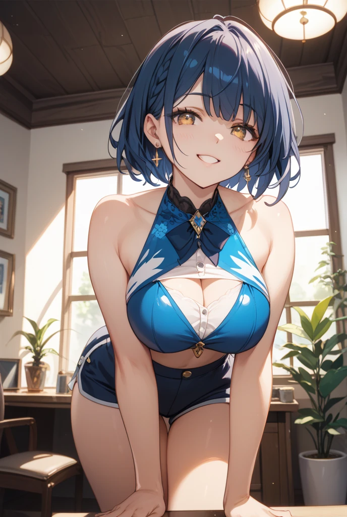 1girl, blue hair, very short hair, light blue hair, purple eyes, bunnysuit, black leotard, pantyhose, large breasts, thick thighs, smile, hourglass figure, rabbit ears, bunny ears,