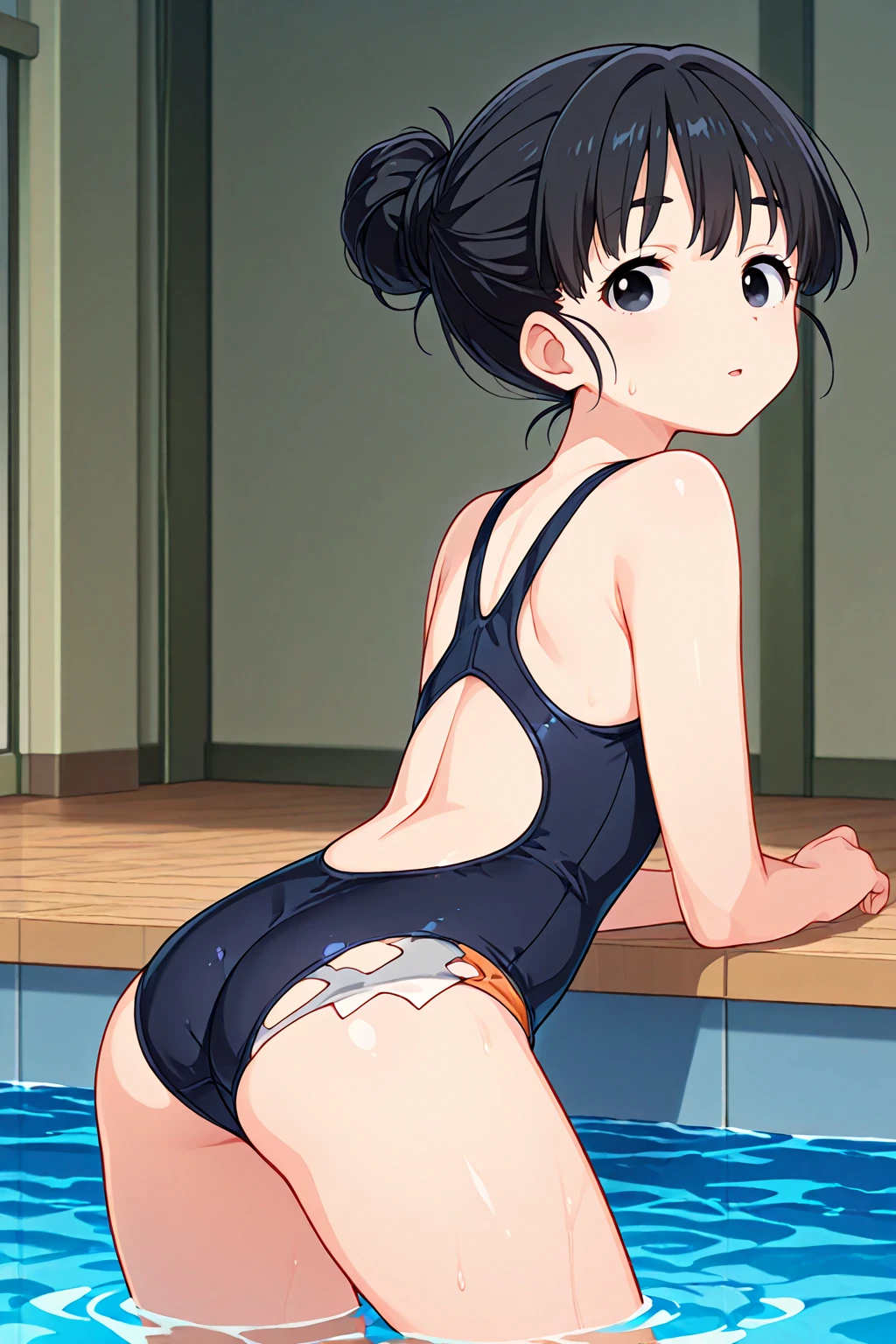 countryside,Tatami room,smile,Are standing,Brown eyes,1. small ,short hair,Black Hair,blush,Navy school swimsuit,barefoot,White skin,From below,shy,Sweaty,Wet,Backwards,Back view,Butt,Asian Squat,back,Right behind
